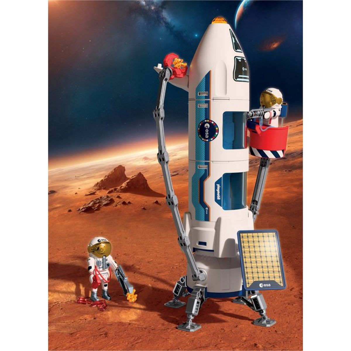 Cohete de juguete con astronautas en planeta rojo, con brazo y panel solar.