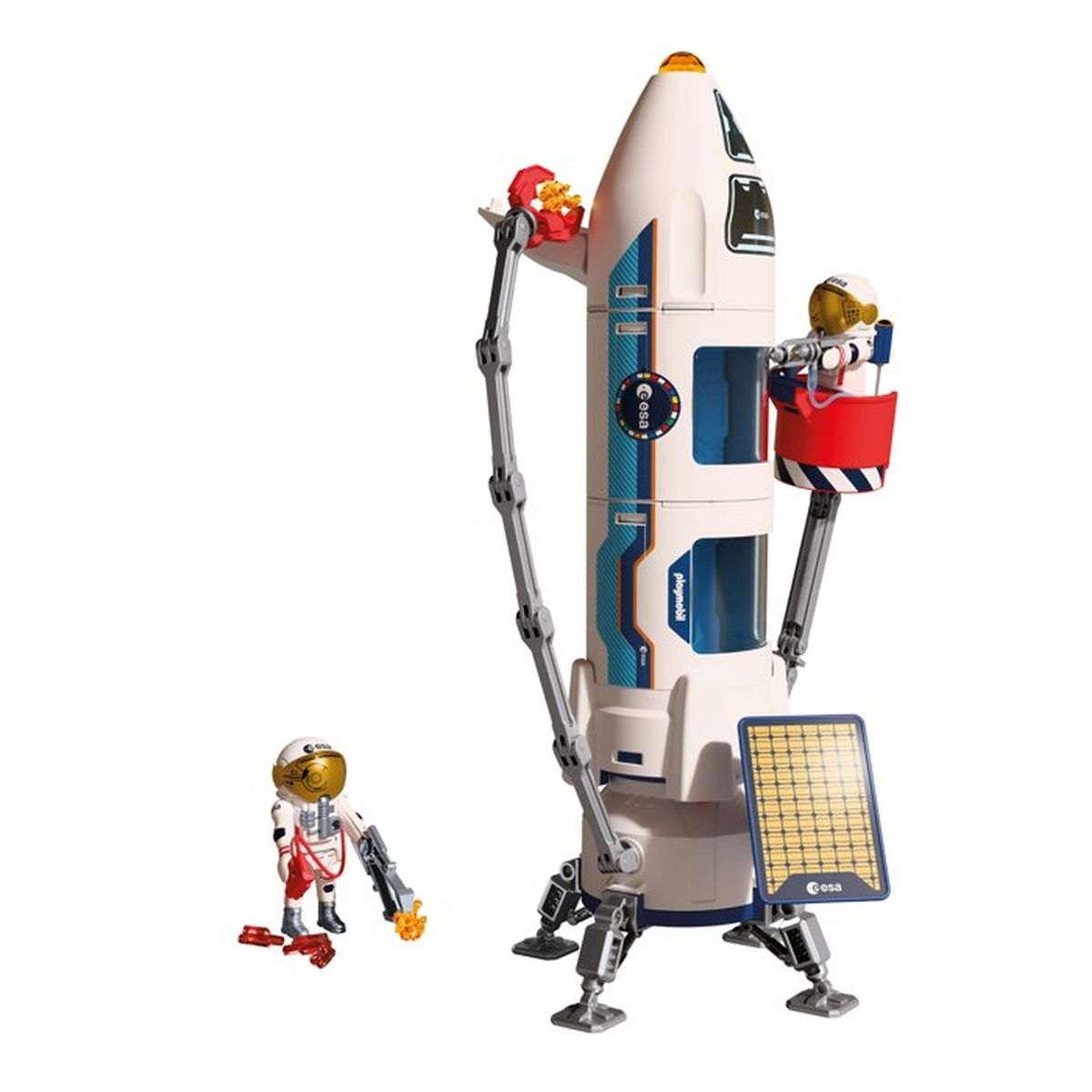 Cohete Playmobil con astronautas, panel solar y brazo robótico sobre fondo blanco.