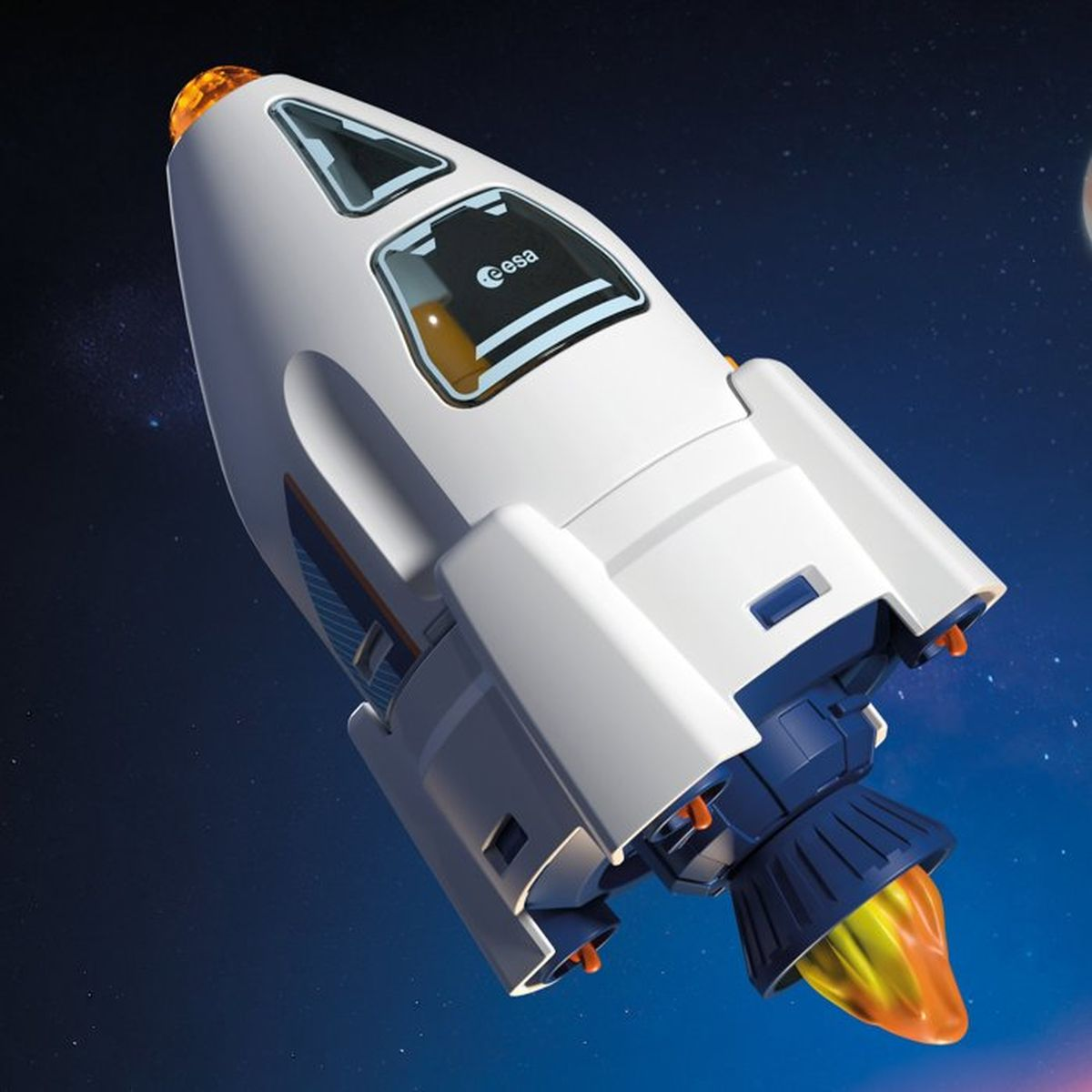 Un cohete de juguete blanco y azul con logo de la ESA vuela en el espacio.