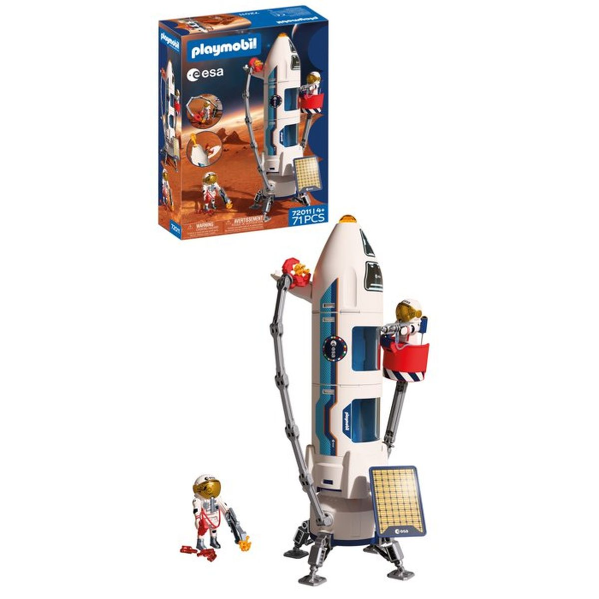 Nave espacial Playmobil con astronautas y panel solar en Marte.