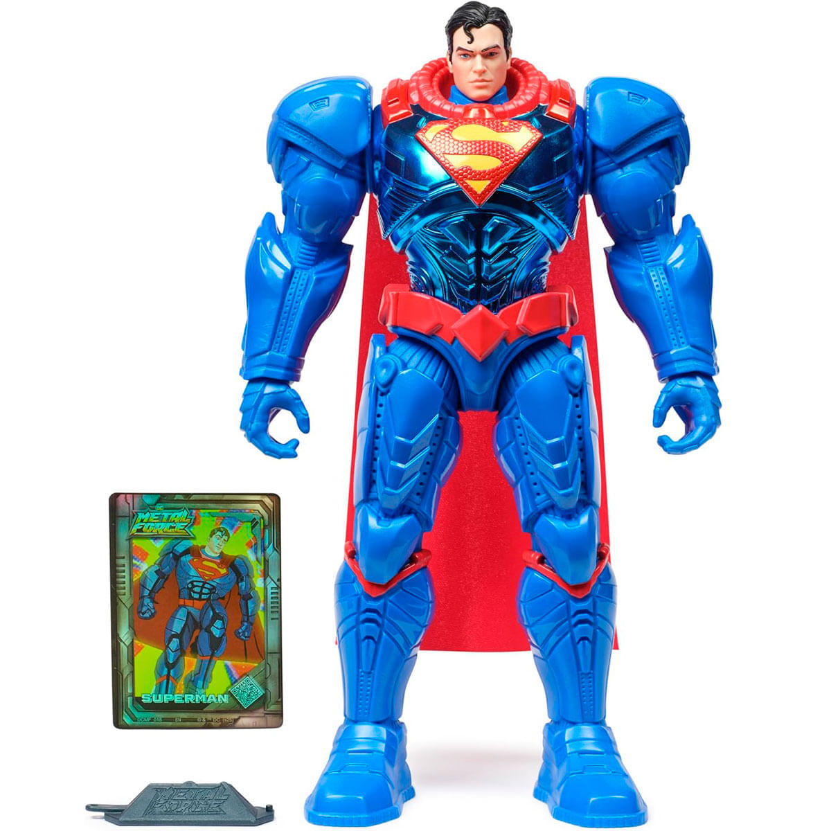 Una figura de Superman con armadura azul y capa roja, junto a una tarjeta coleccionable.
