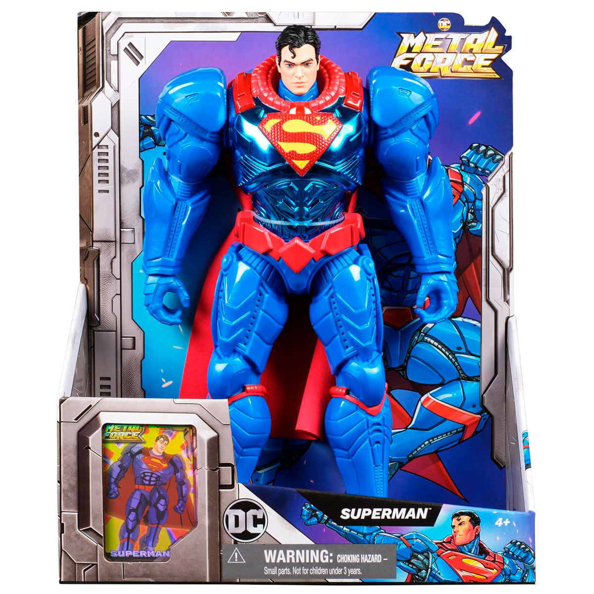 Figura de acción de Superman con armadura azul, capa roja y detalles, en caja.