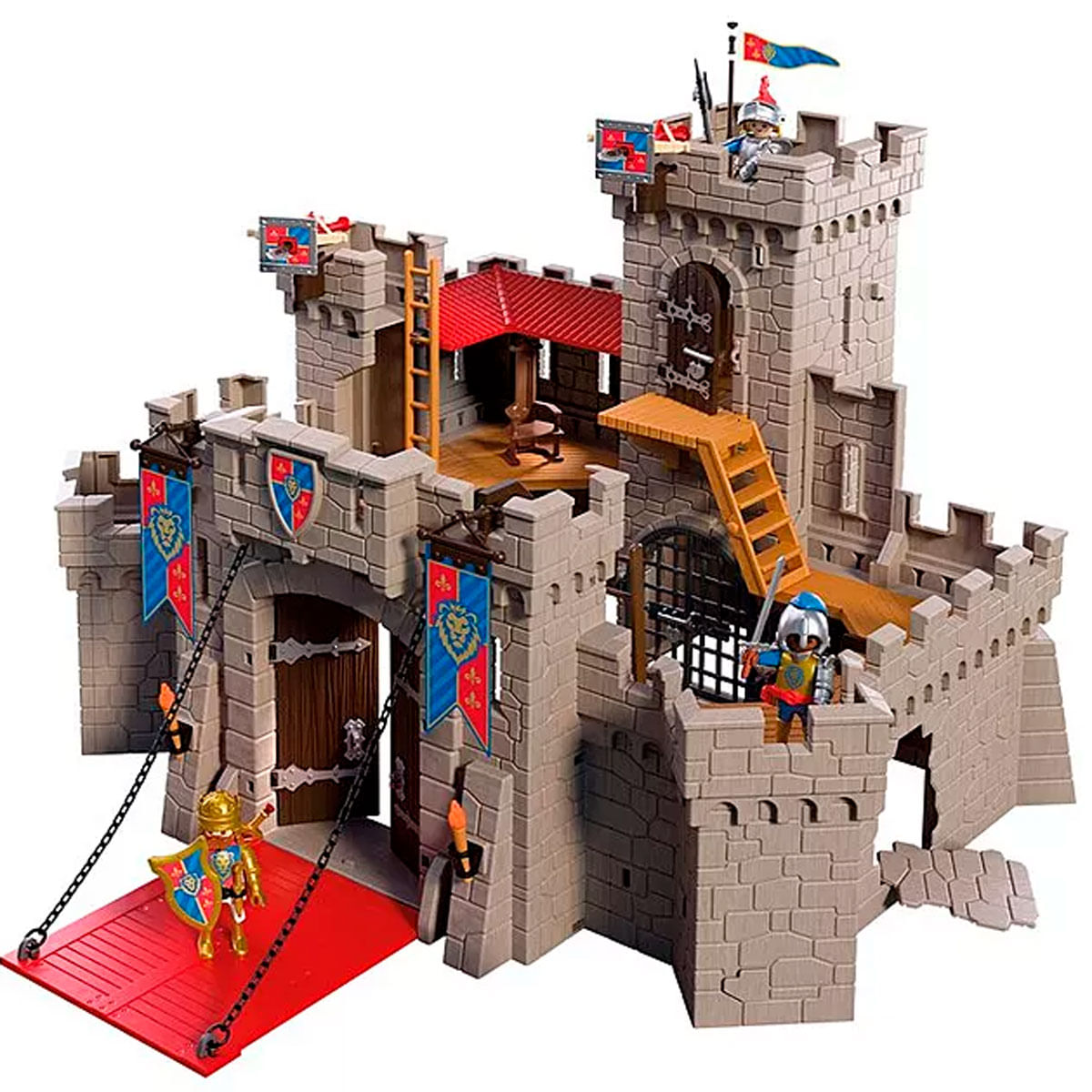 Un castillo de caballeros con puente levadizo, figuras, banderas y escaleras.