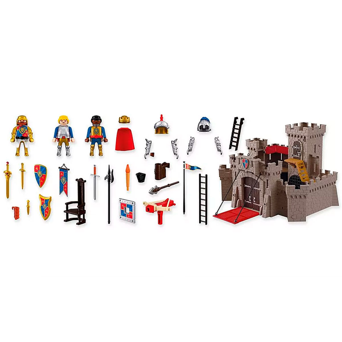 Un castillo de juguete con figuras, armas, armaduras y accesorios sobre fondo blanco.