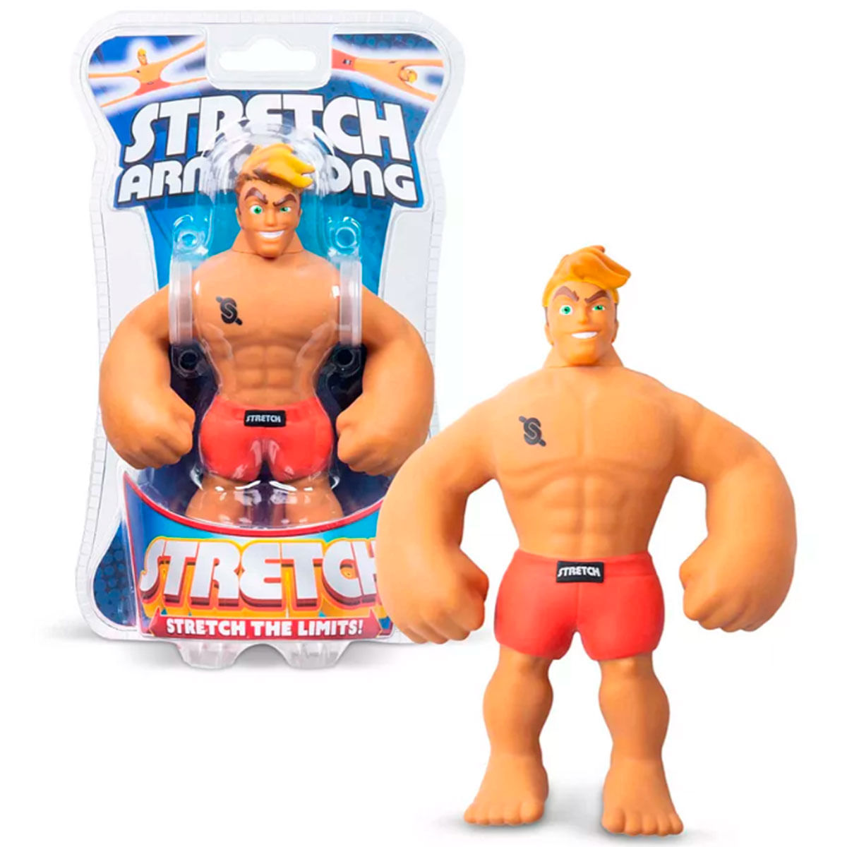 Un juguete de figura de acción Stretch Armstrong en pantalones cortos rojos con abdominales.