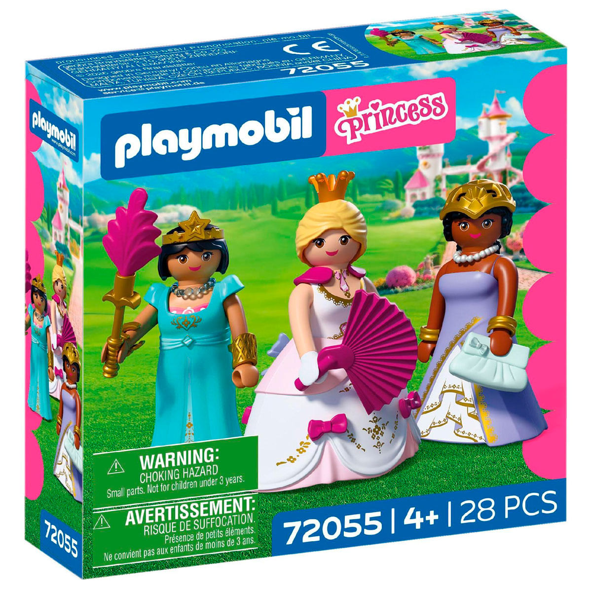 Set de princesas Playmobil con tres figuras y castillo al fondo.