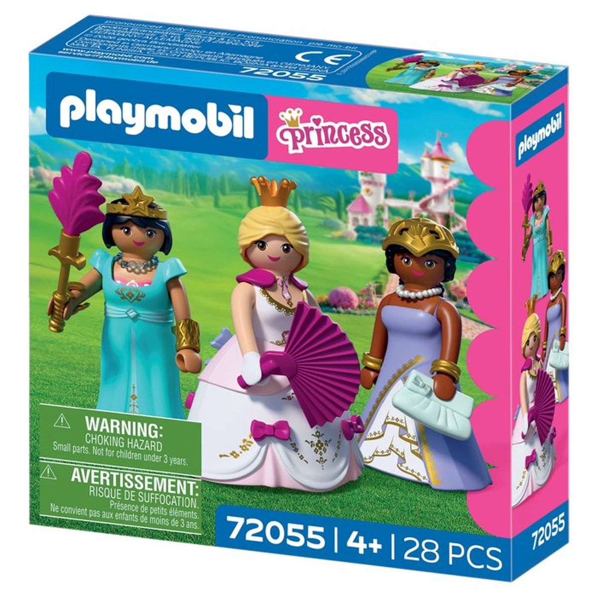 Caja de juguetes Playmobil Princesa con tres figuras vestidas y un castillo al fondo.