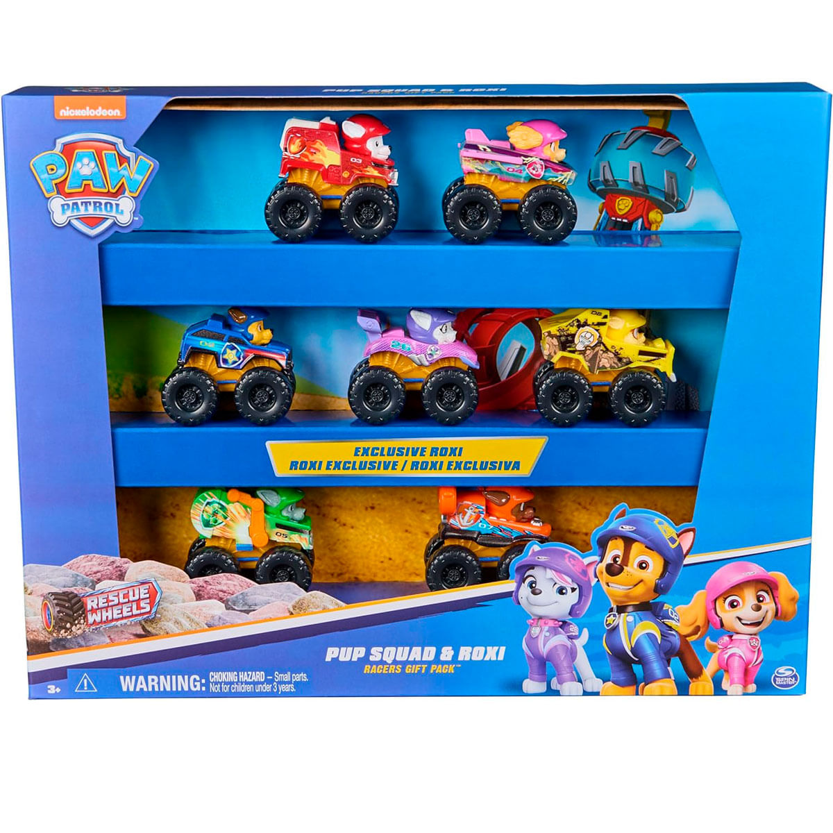 Coches de juguete Paw Patrol en caja, tres niveles con 3 coches cada uno, 3 figuras delante.