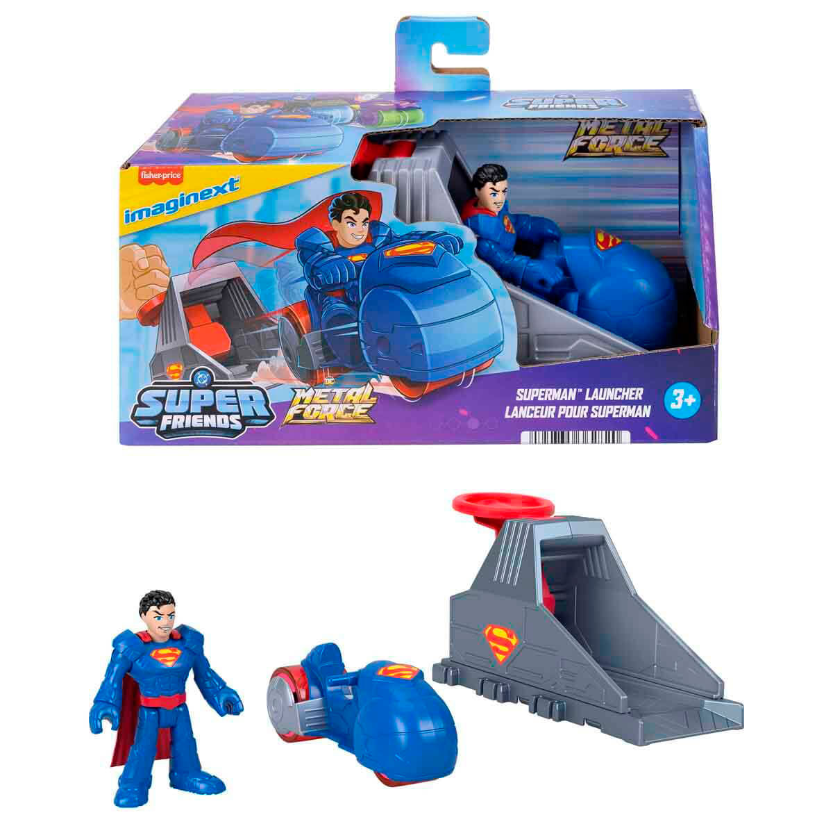 Set de juguetes de Superman con lanzador, vehículo y figura sobre fondo blanco.