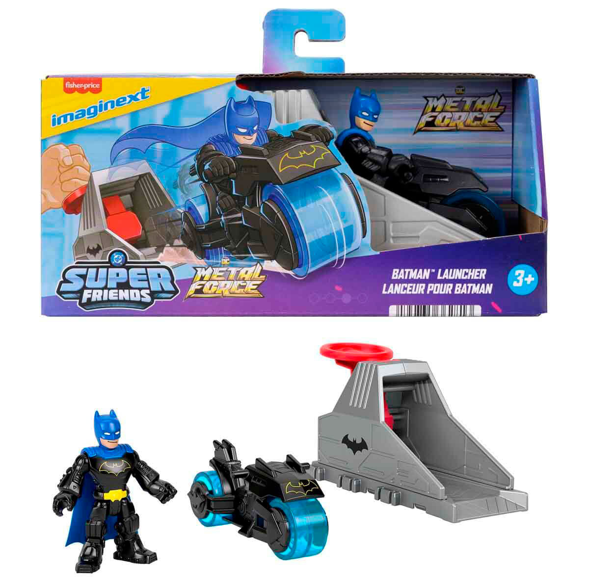 Juguete de Batman con vehículo y lanzador. Incluye figura de Batman, moto y rampa de lanzamiento.