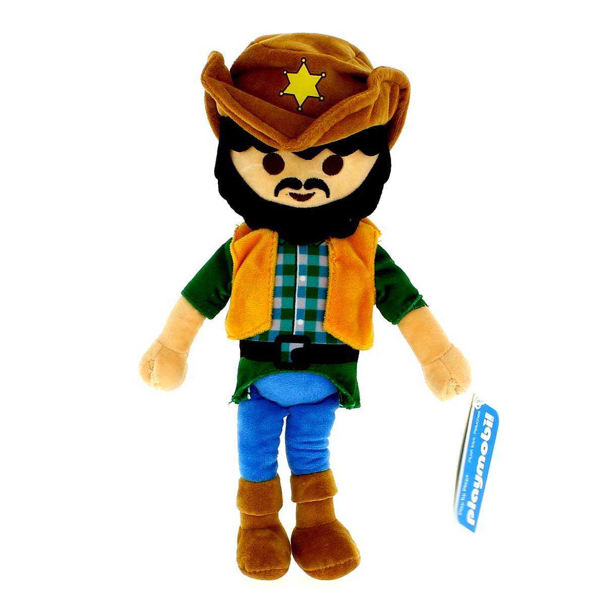 Peluche de vaquero con sombrero marrón, chaleco y camisa a cuadros.