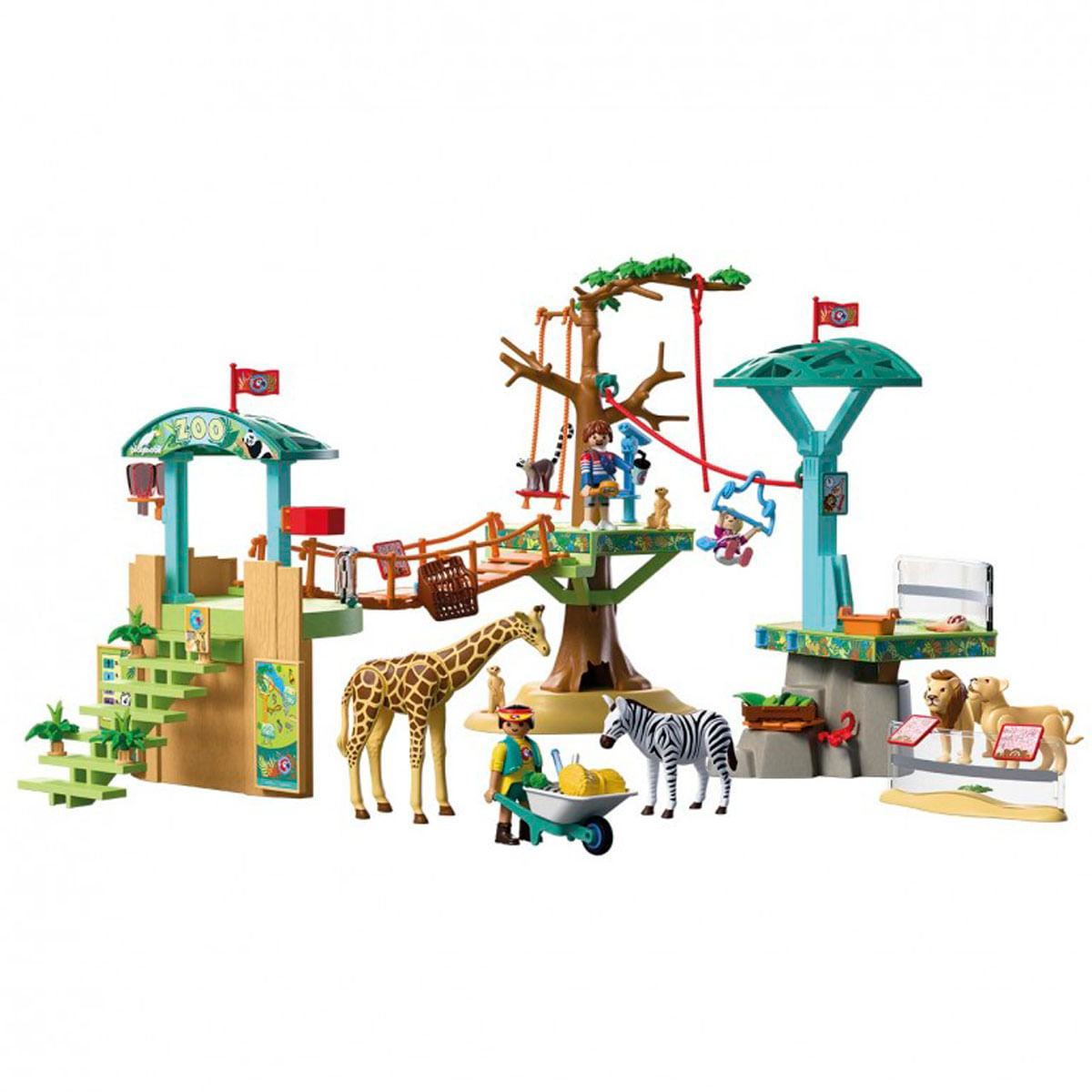 Un set de juego de zoológico de juguete con jirafa, cebra, leones, monos y figuras.