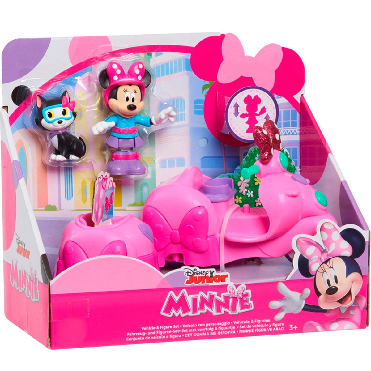 Juego de Minnie Mouse con gato, vehículo y figura de Minnie.