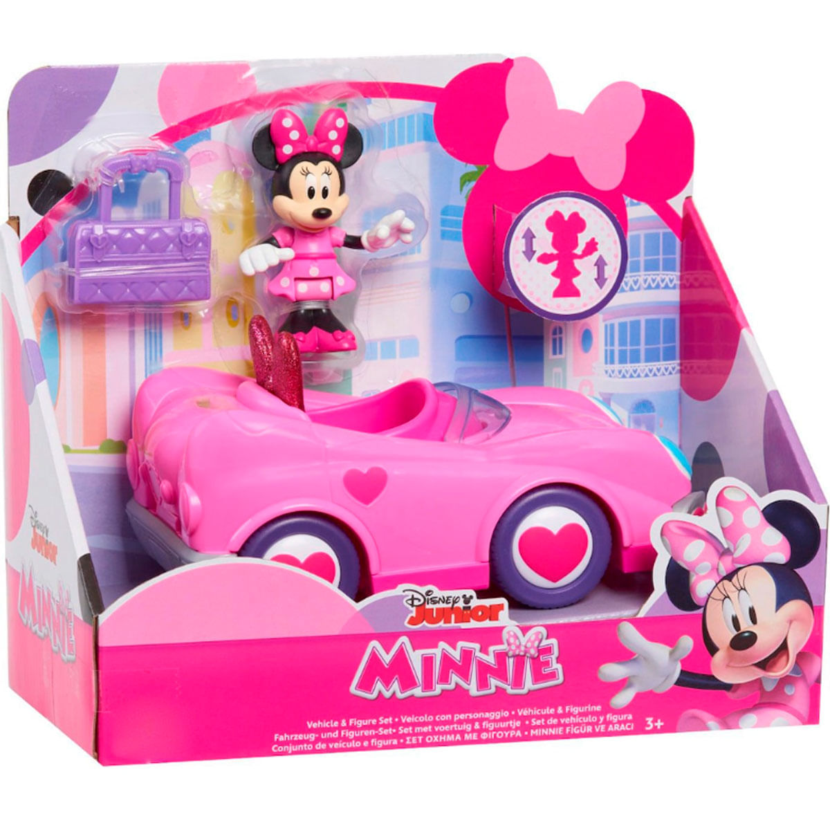 Coche de juguete rosa con figura de Minnie Mouse y accesorio.