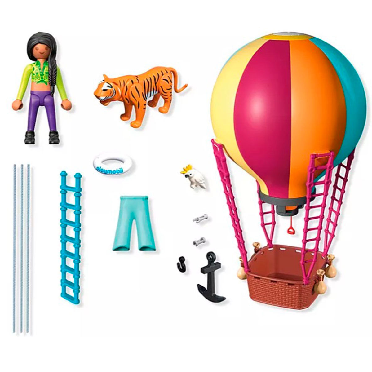 Globo aerostático de juguete colorido con tigre, figura, escalera y ancla.