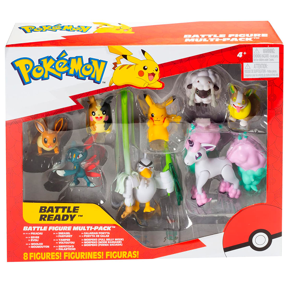 Pack múltiple de figuras de batalla Pokémon con 8 figuras, incluyendo Pikachu y Eevee.