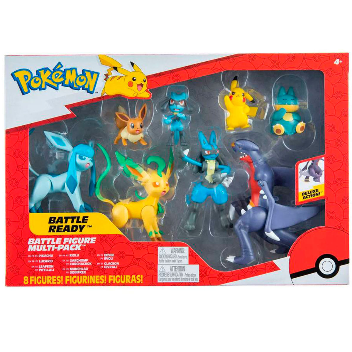 Pack de Figuras Pokémon "Battle Ready" con Pikachu, Glaceon, Leafeon, Lucario, Riolu, Garchomp, Munchlax, Eevee.