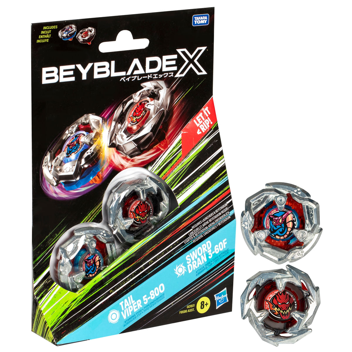 Embalaje Beyblades X con dos peonzas: Sword Dran y Tail Viper.
