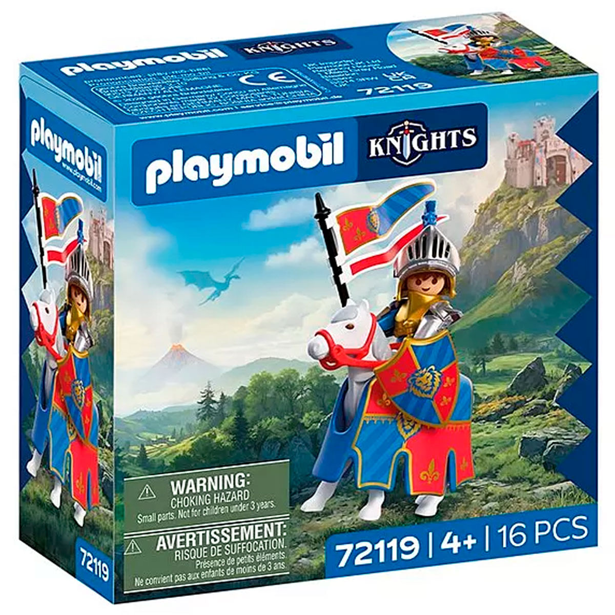 Playmobil Şövalyeler oyun kutusu, atlı şövalye, kale, ejderha, volkan.