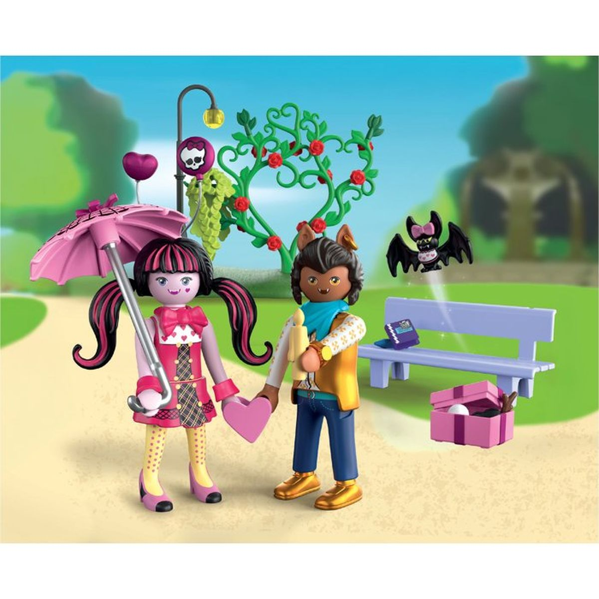 Dos figuras de Playmobil, una niña con paraguas y un niño con pelo, están en un parque.