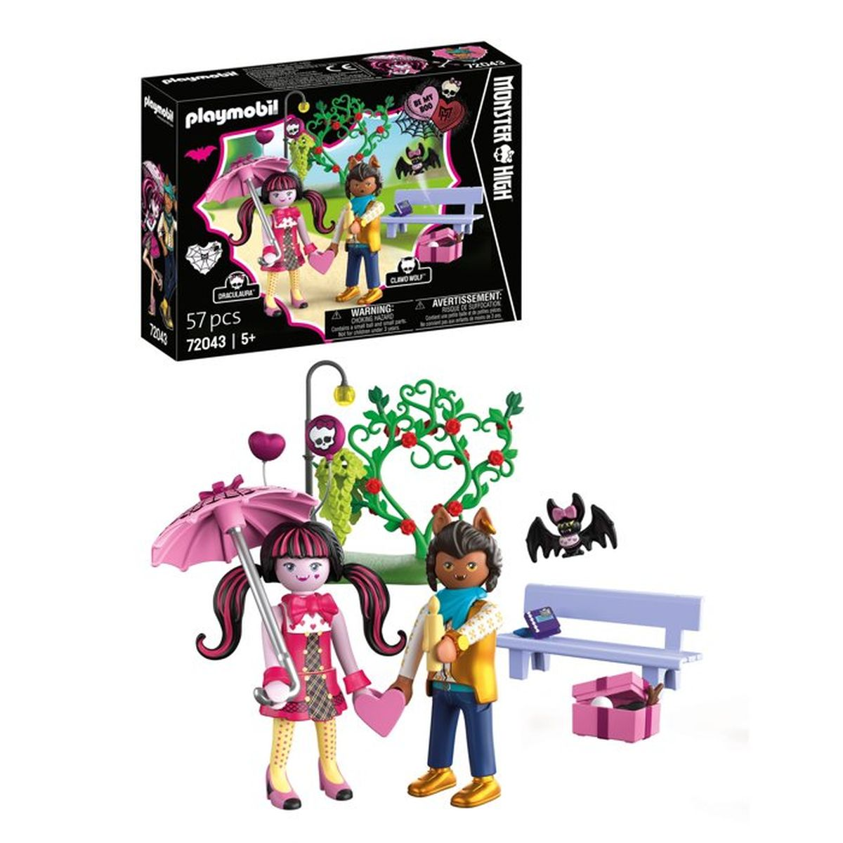 Figuras Playmobil Monster High, Draculara con paraguas, Clawdeen Wolf, banco parque.