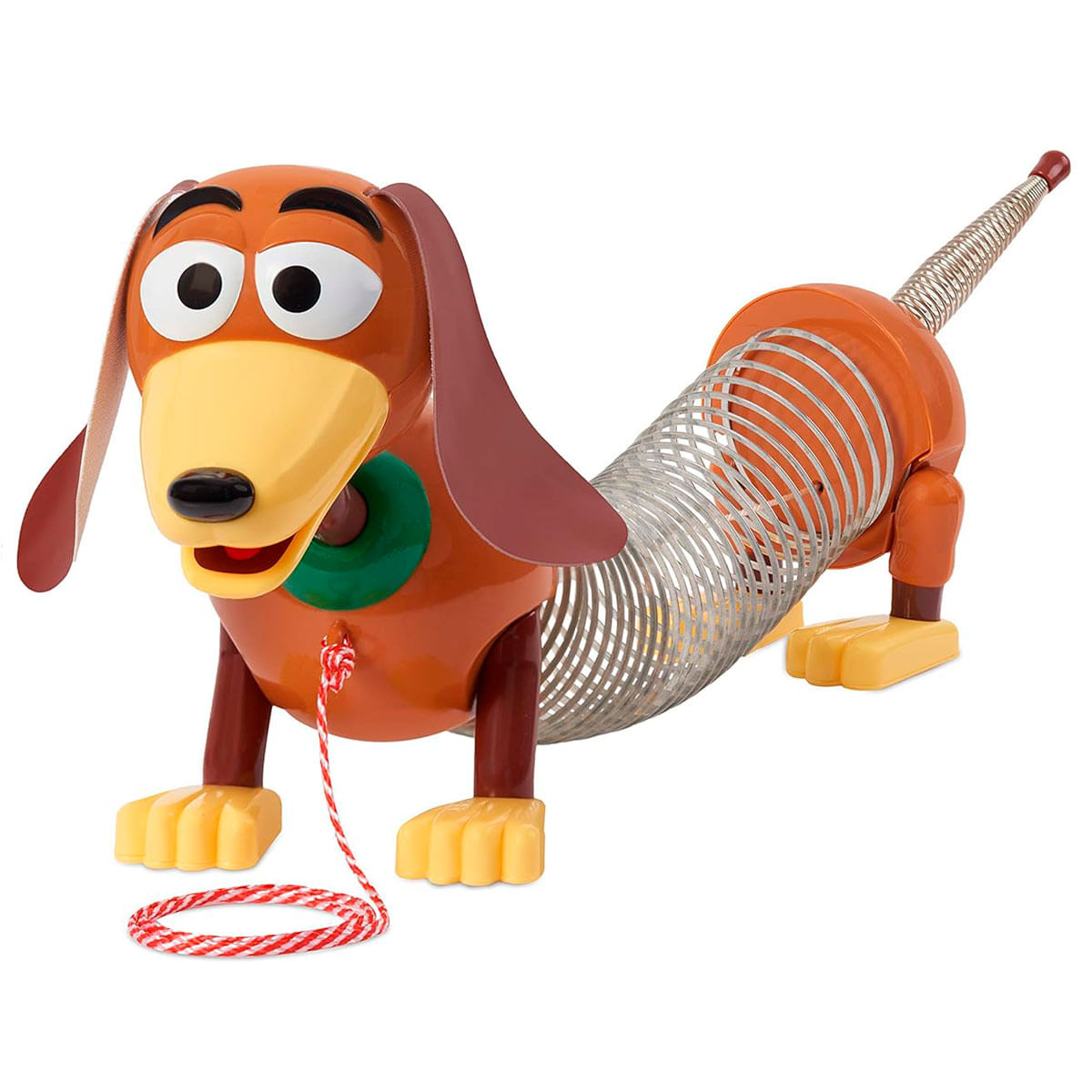 Un juguete de perro Slinky marrón con resorte plateado, sobre fondo blanco.