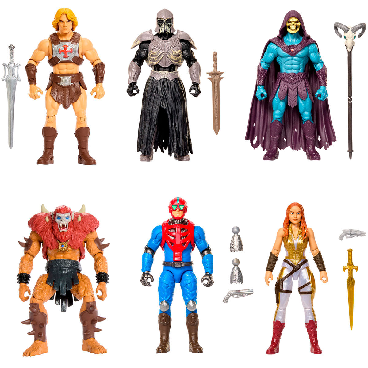 Seis figuras de acción: He-Man, Skeletor, Man-At-Arms, Beast Man, Trap Jaw y Teela.
