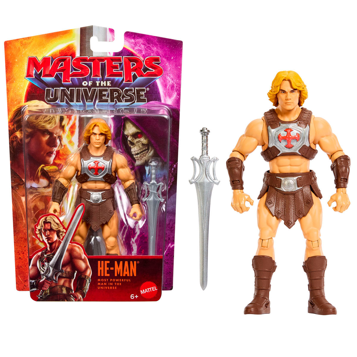 Figura de acción de He-Man en empaque con espada al lado. De Masters of the Universe.