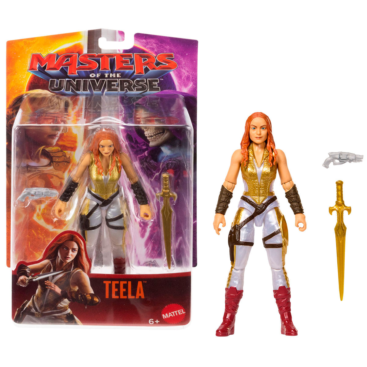 Figura de acción Teela de Masters of the Universe en empaque, con espada y pistola.