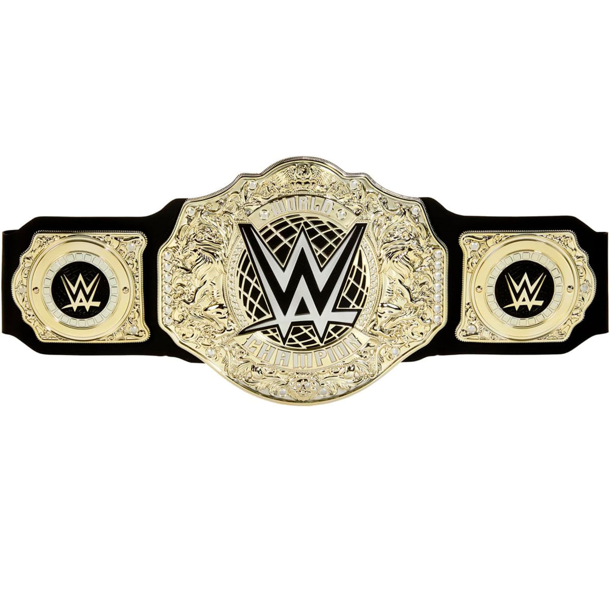 Un cinturón dorado de Campeón de la WWE con detalles negros y el logo de la WWE.