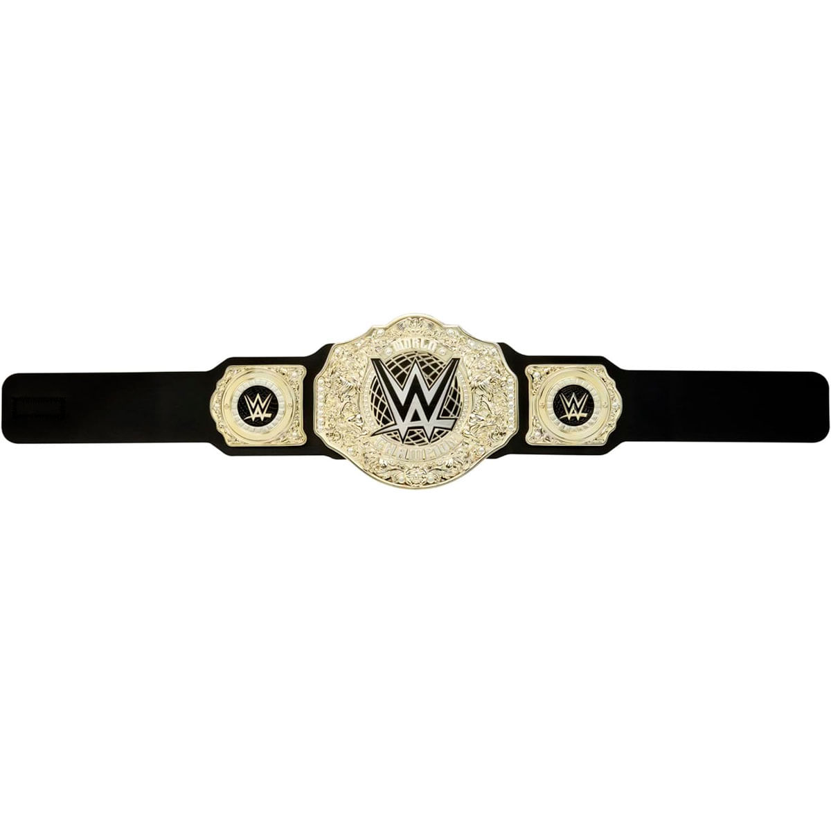 Un cinturón de campeonato dorado de la WWE con correa de cuero negra y logo "W".