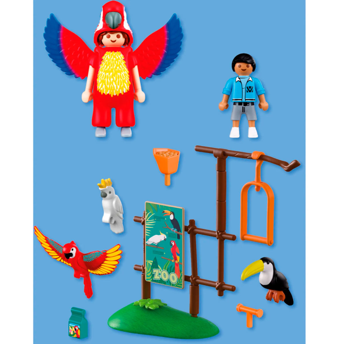 Set Playmobil de zoológico: persona disfrazada de loro, niño, pájaros, percha y accesorios.