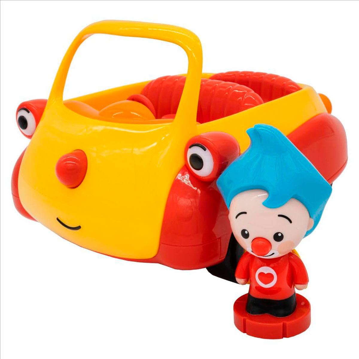 Coche de juguete amarillo con tobogán rojo y un personaje azul al lado.