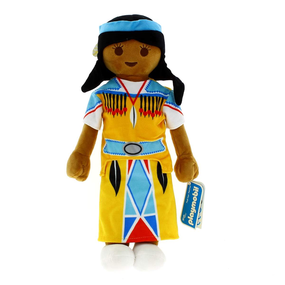 Muñeco de peluche nativo americano con cabello castaño, diadema y ropa tradicional.