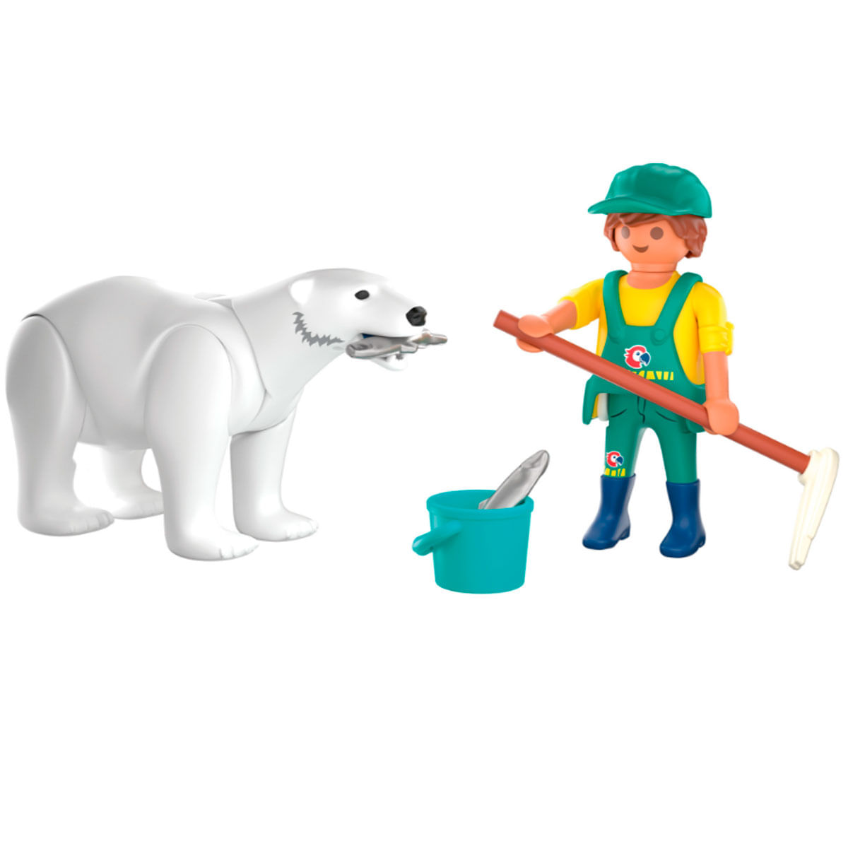 Un oso polar con un pez en la boca está junto a un hombre con rastrillo y cubo.