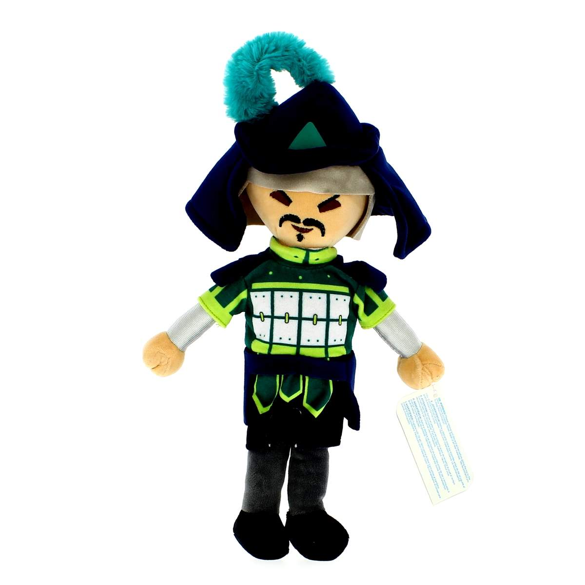 Peluche de guerrero con gorro azul, armadura verde y bigote.