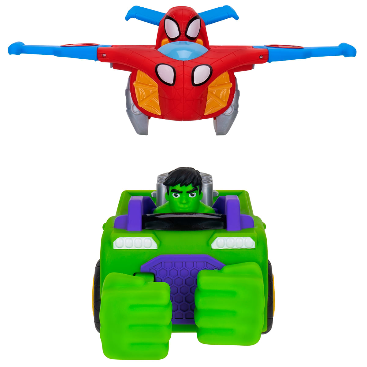 Un avión de Spiderman y un coche de Hulk con figura verde al volante.