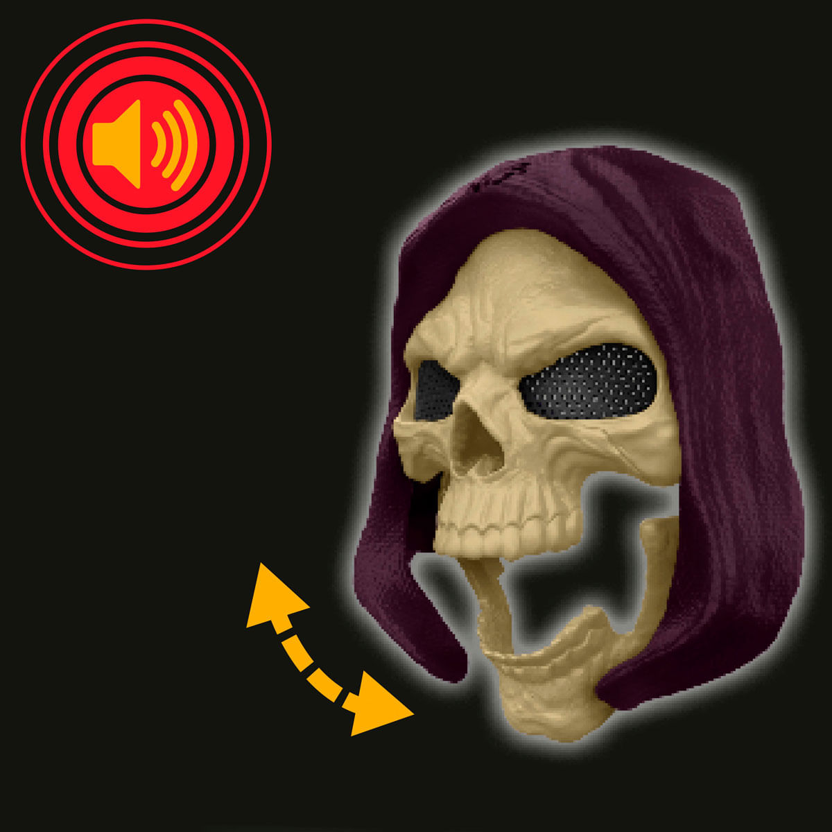 Una calavera con capucha, con un icono de altavoz y flechas.