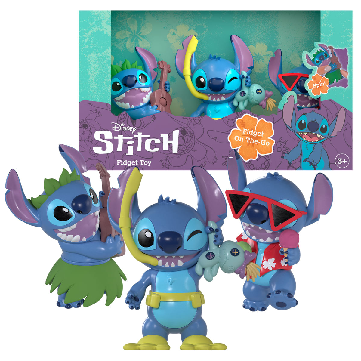 Tres figuras de Stitch en atuendos de vacaciones: con ukelele, esnórquel y helado.