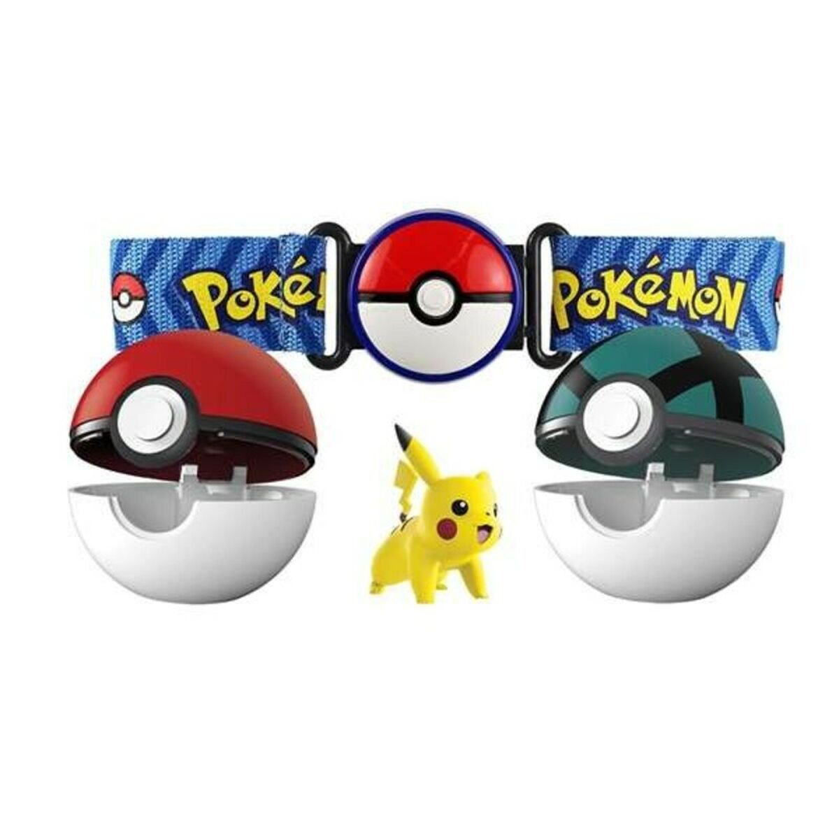 Figura de Pikachu con dos bolas de Pokémon y un cinturón temático.