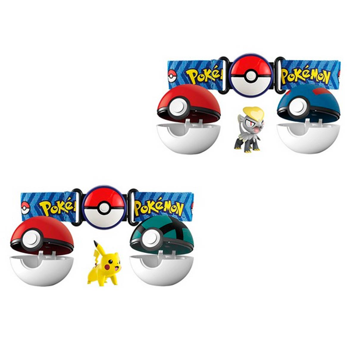 Dos juegos de juguetes de Pokémon con Pokebolas y figuras en una banda.