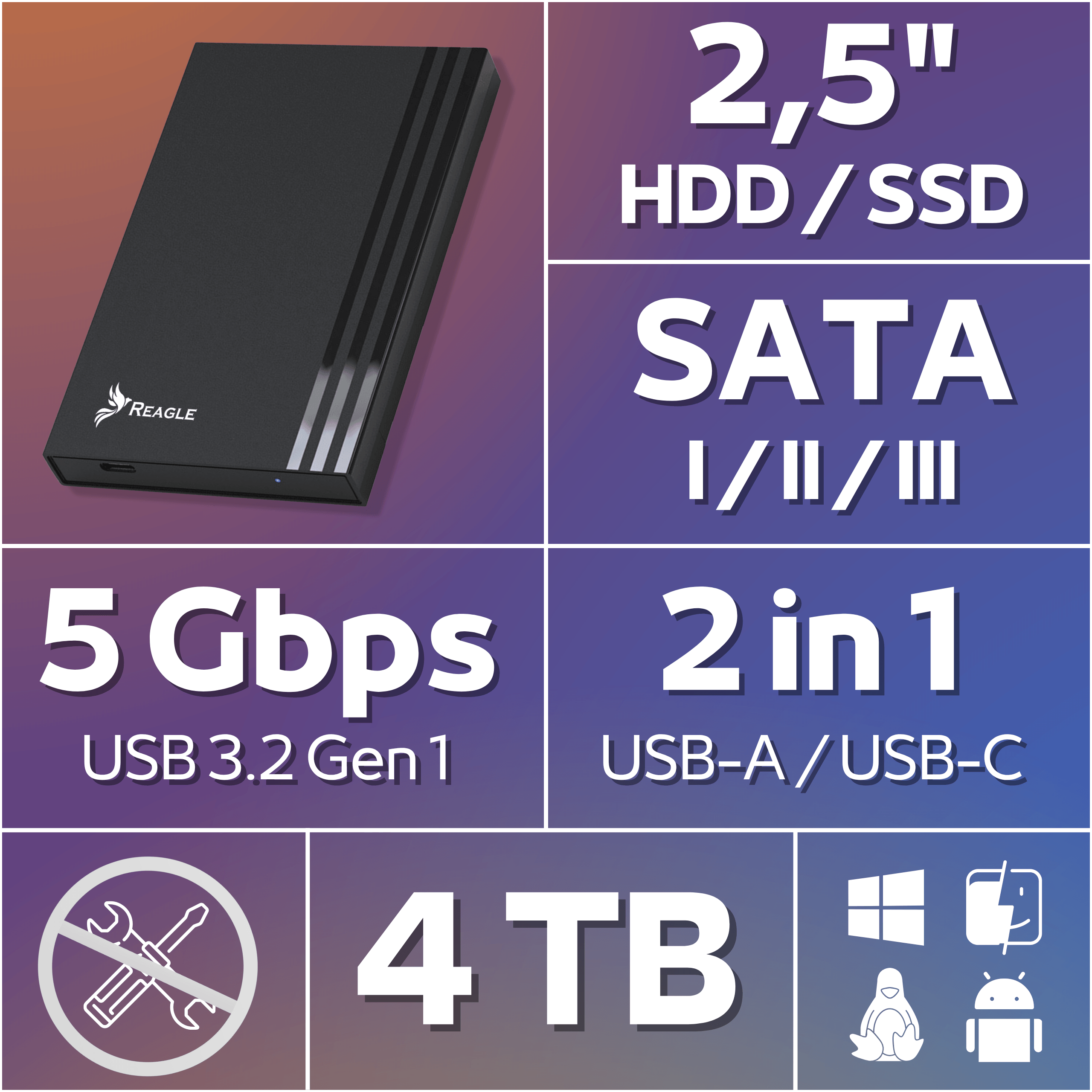 Case nero per HDD/SSD da 2,5 pollici da 4TB con USB 3.2 Gen 1, SATA.