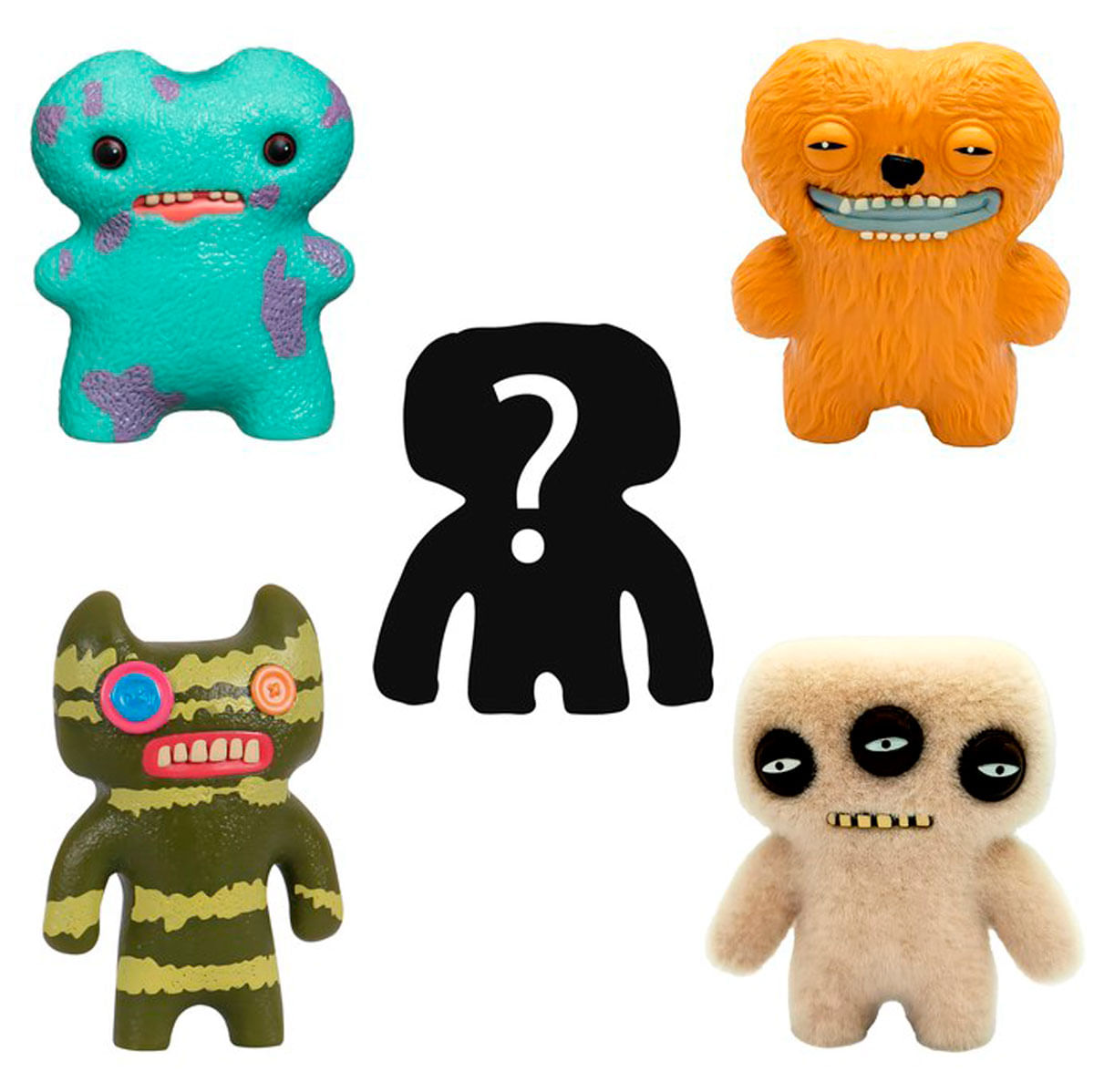 Cuatro figuras de monstruos y una silueta negra con signo de interrogación.
