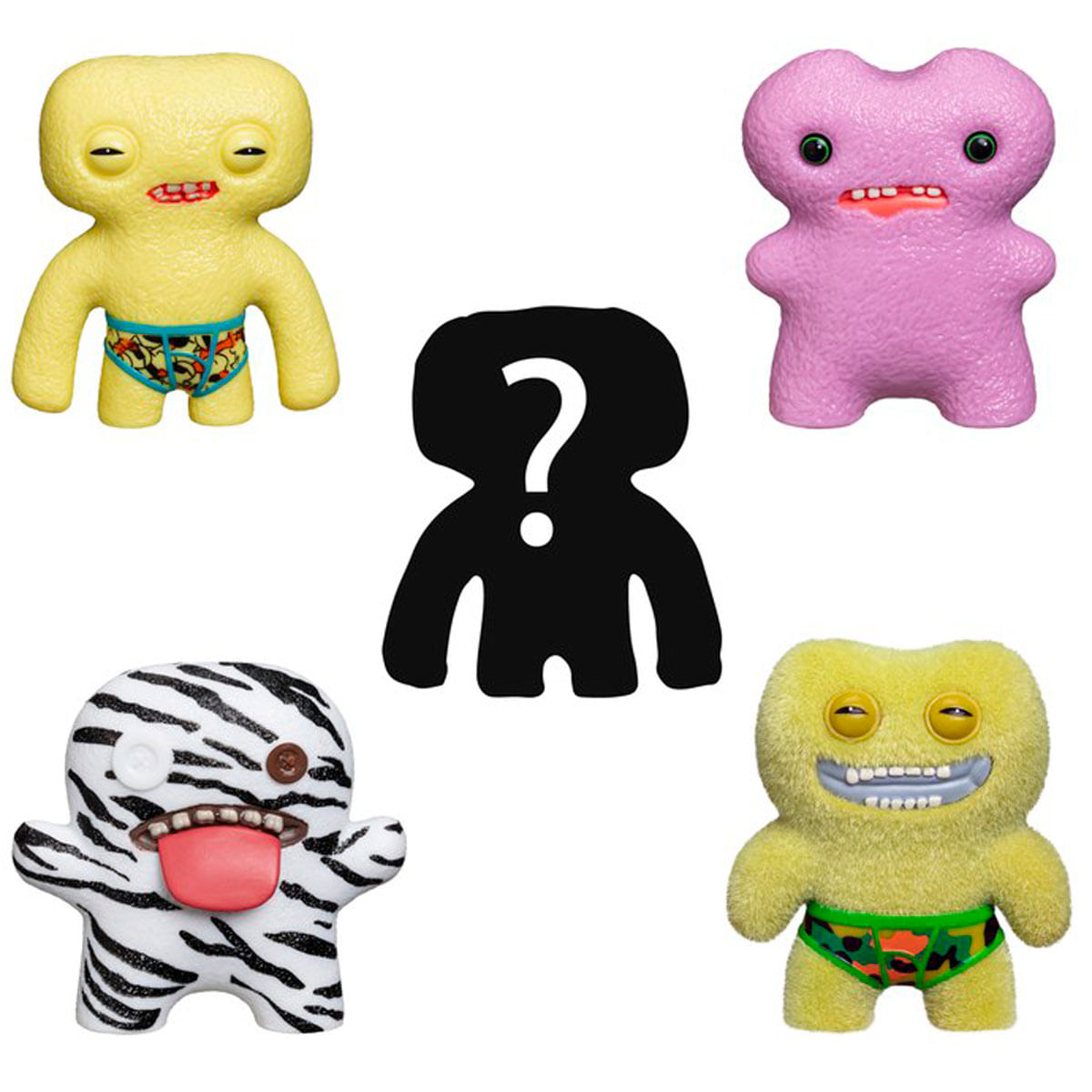 Hombre amarillo con calzoncillos, hombre rosa, figura negra con signo de interrogación, hombre cebra.
