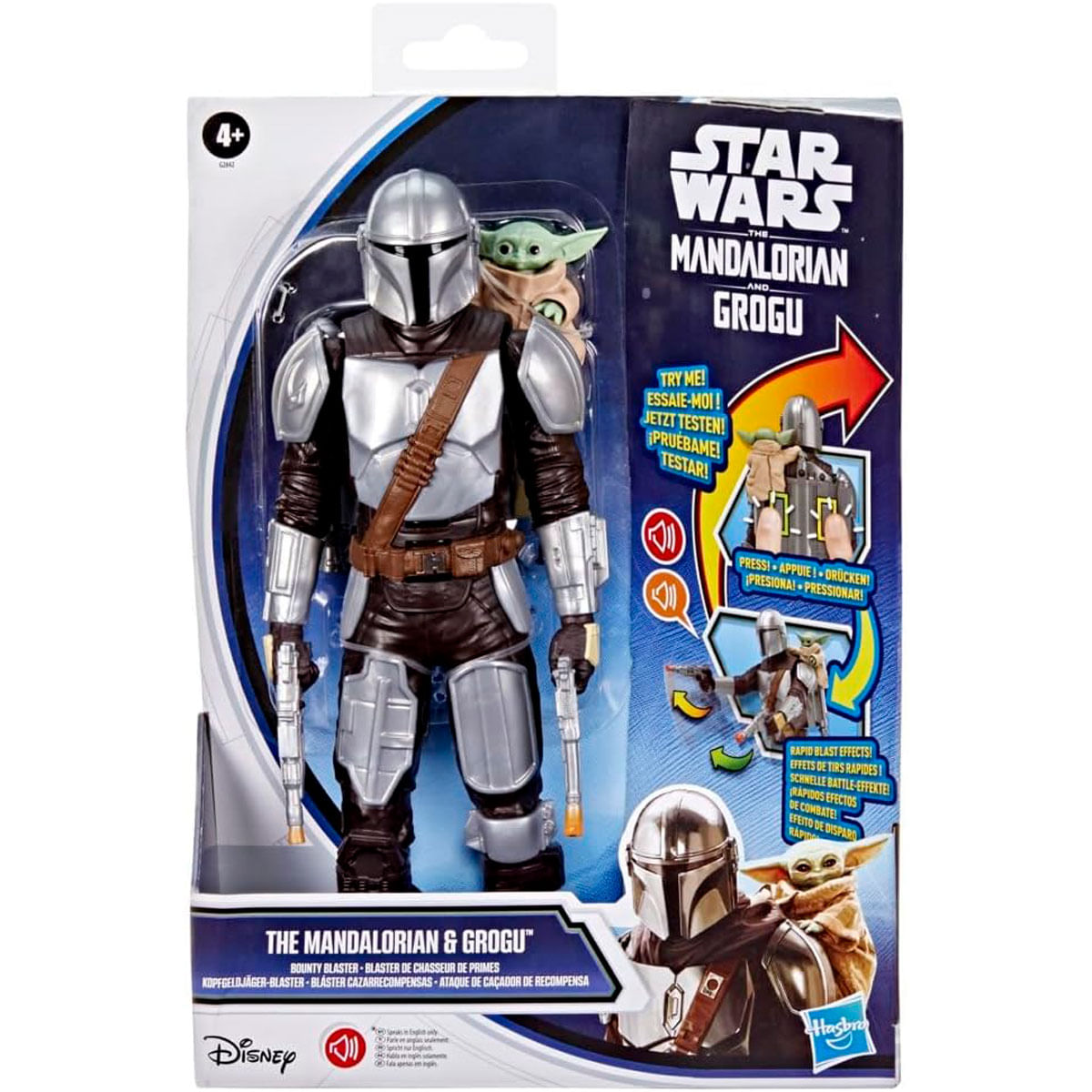 Figura del Mandaloriano con Grogu en el pecho, sostiene dos blásteres, embalaje de juguete Star Wars.