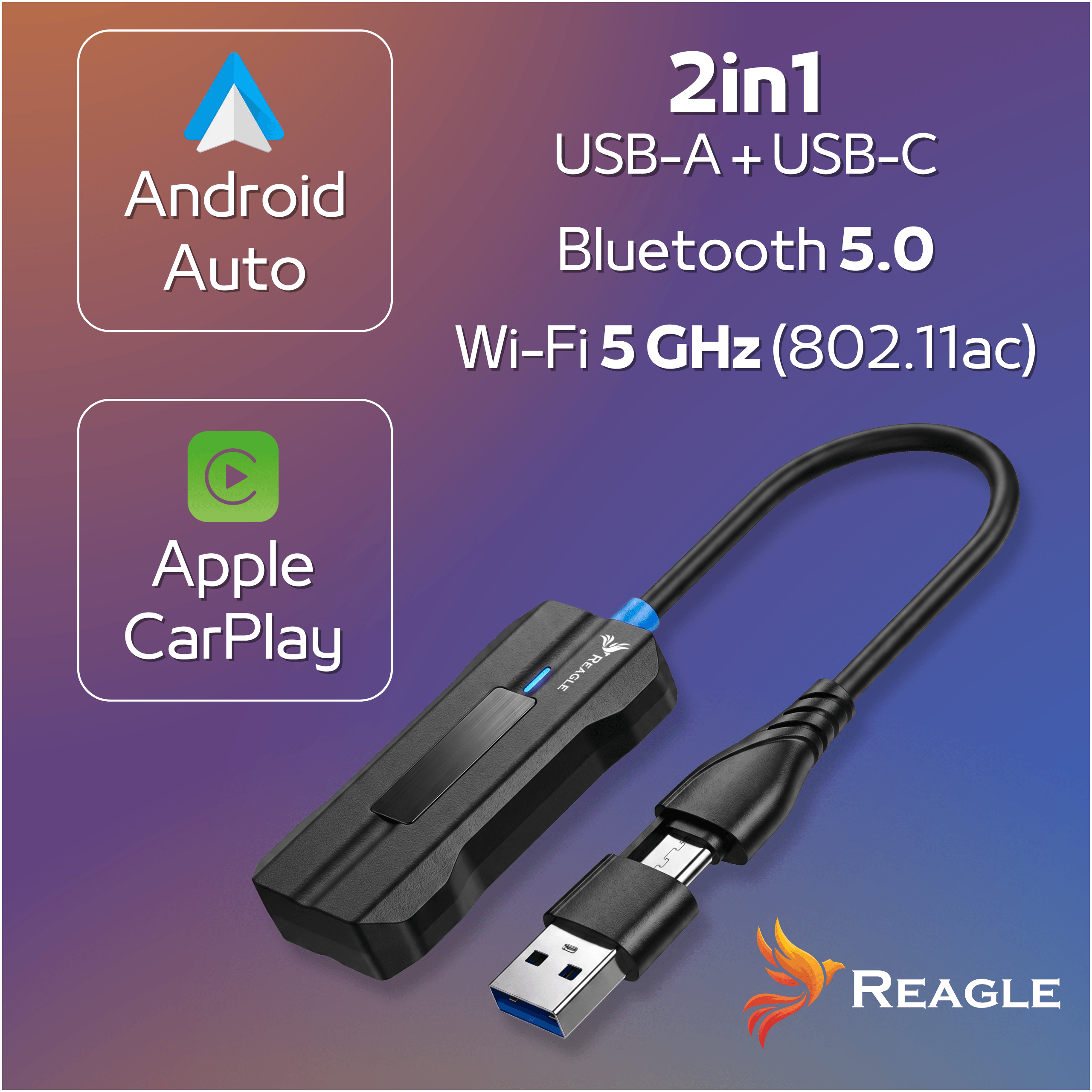 Czarny adapter 2w1 USB-A/USB-C do Android Auto i Apple CarPlay.
