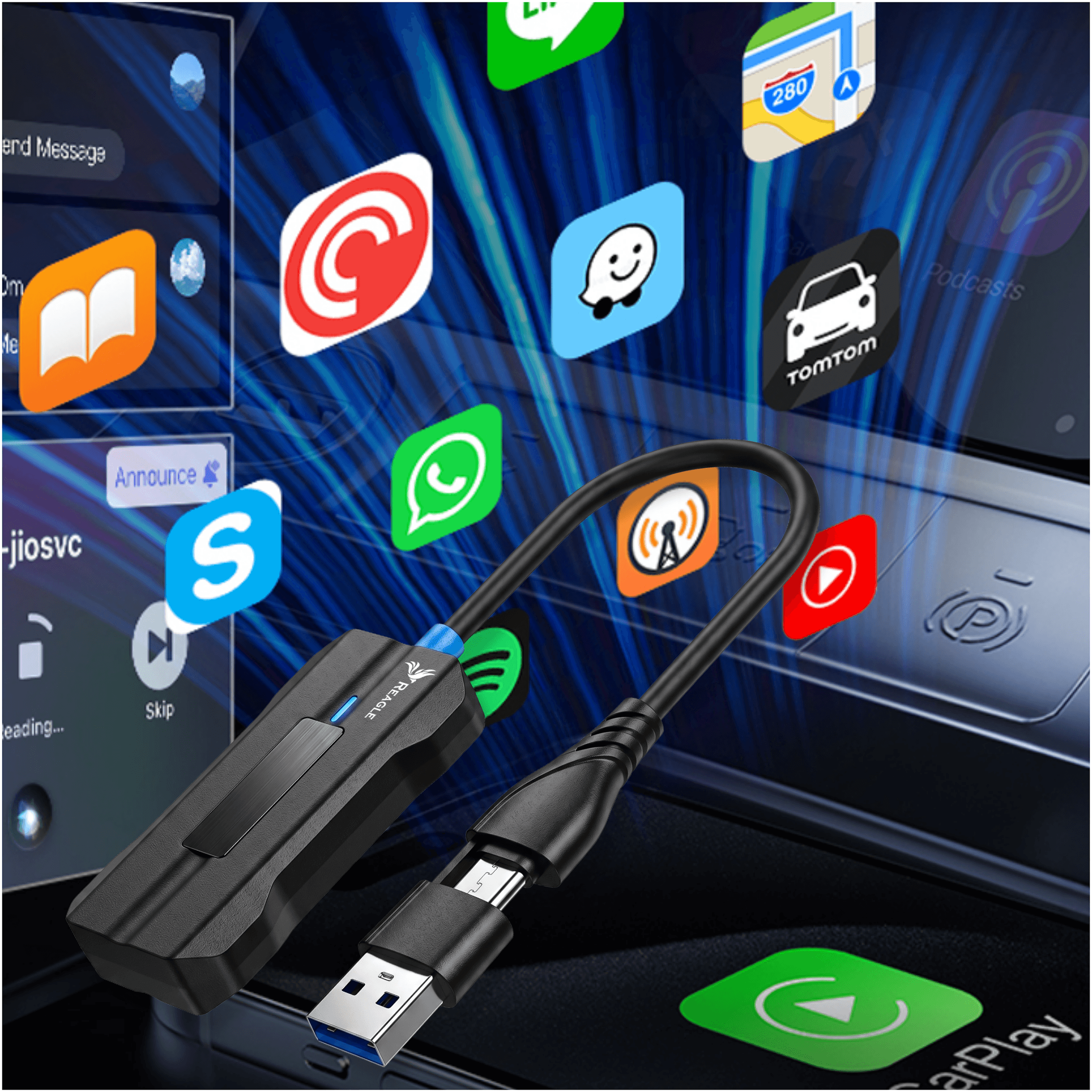 Czarny adapter USB leży na smartfonie z ikonami aplikacji.