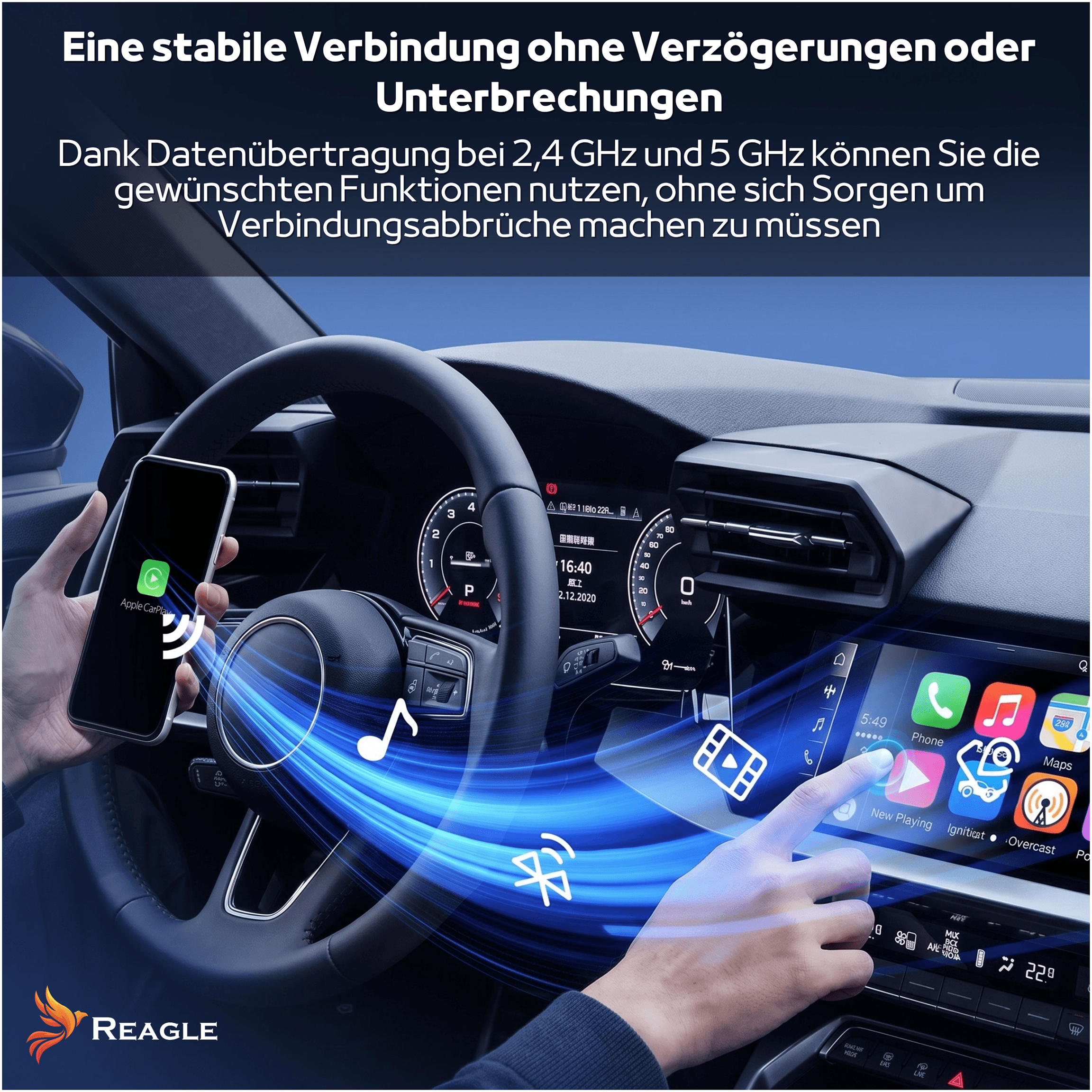 Dłoń trzyma smartfon z Apple CarPlay w samochodzie. Niebieskie fale świetlne łączą go z systemem infotainment.