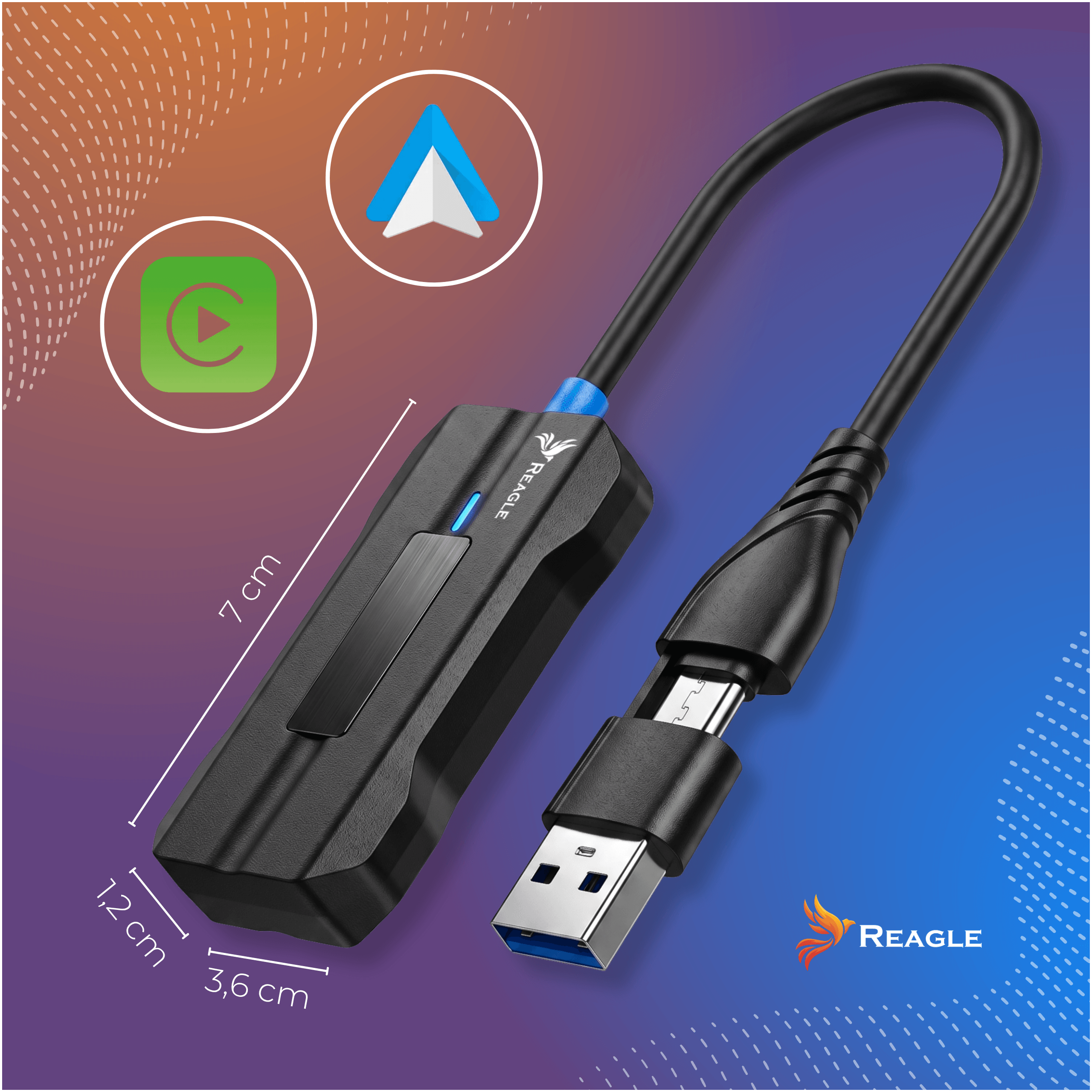 Czarny adapter ze złączem USB i kablem, z ikonami Android Auto i wideo.