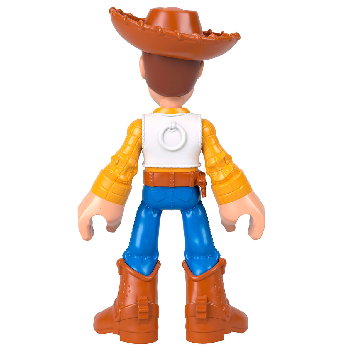 Vista trasera de una figura de juguete de Woody con sombrero marrón, chaleco blanco, camisa amarilla y pantalones azules.